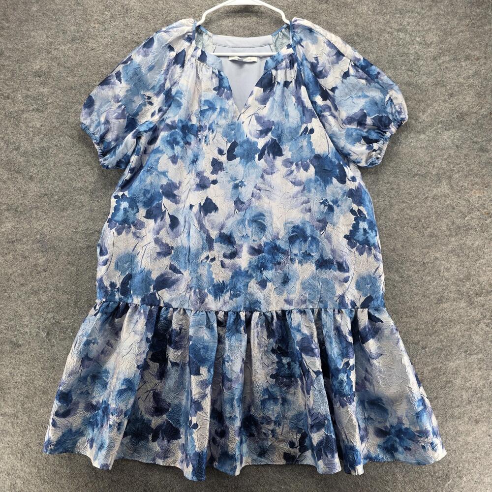 Julia Jordan Dress Womens M Blue Floral Trapeze Swing Knee Length V-Neck